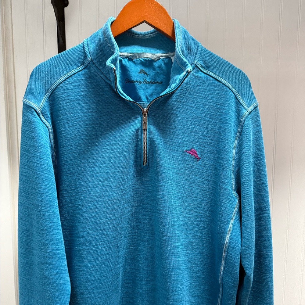 Tommy Bahama Teal Quarter-Zip Pullover with Pink Accent